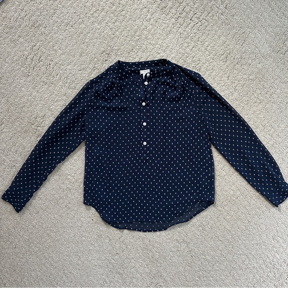 JCrew Women’s Navy Blue Sheer Dotted Chiffon Blouse in Petite Small